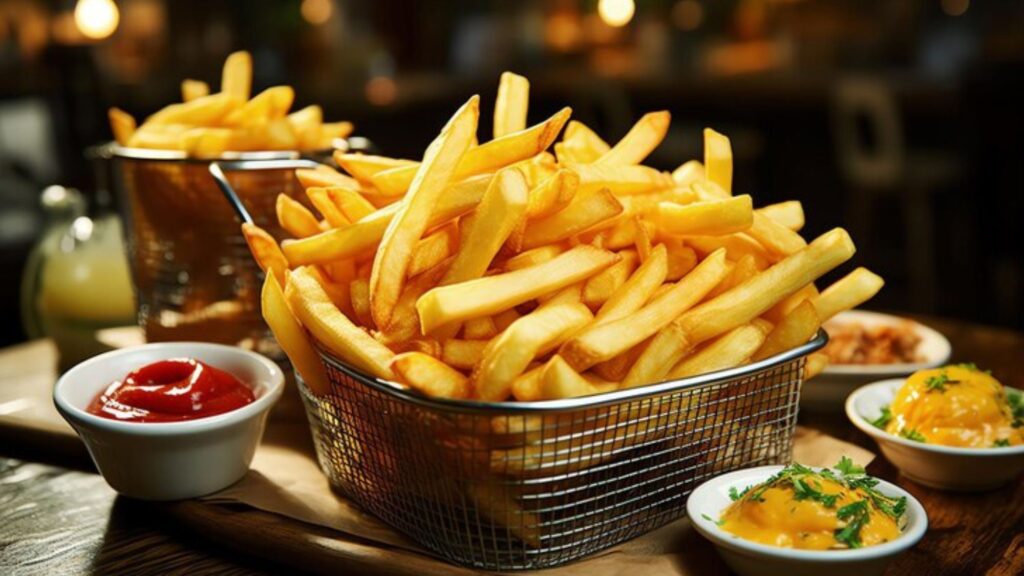 Delicious n crispy French fries for all, with gluten-free and vegan choices alongwith ketchup