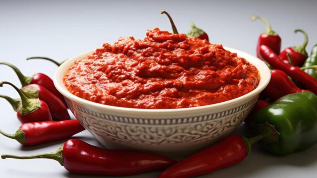 A bowl of gluten-free red curry paste with chillies