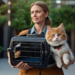 a lady carries a cat carrier