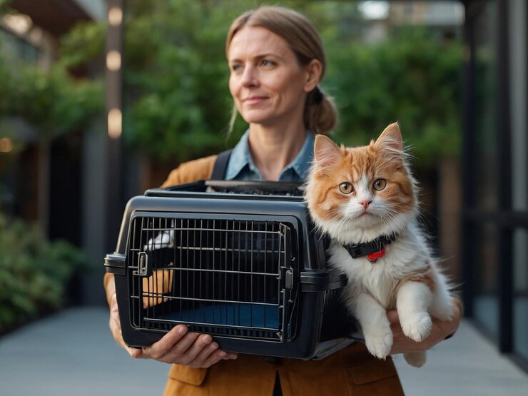 a lady carries a cat carrier